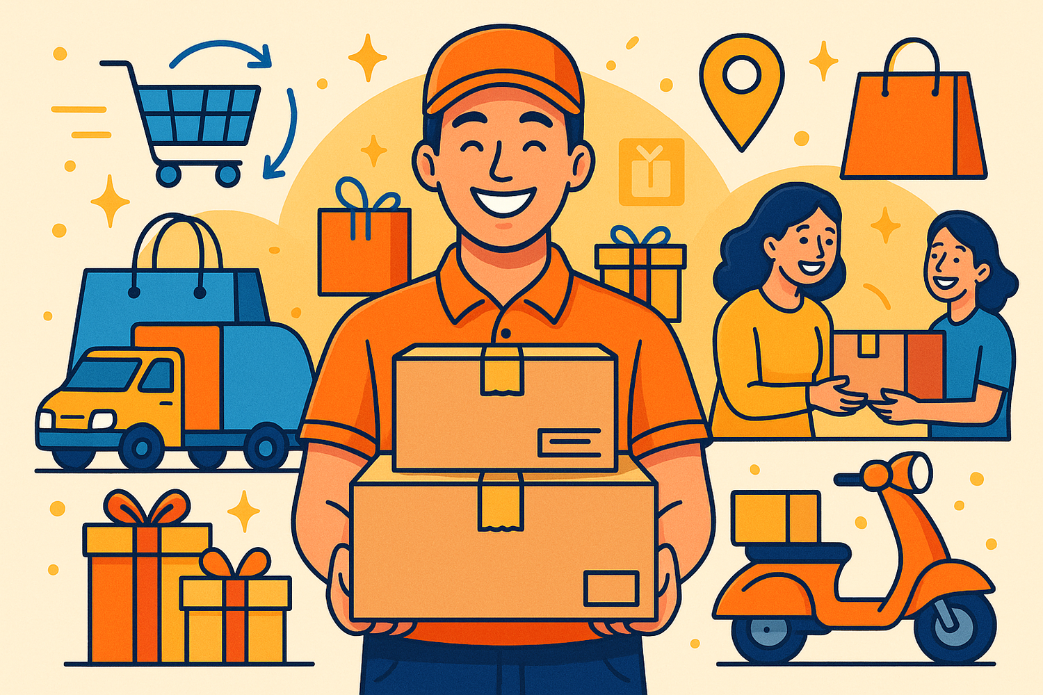 “Happy Shopping / Delivery” style illustration